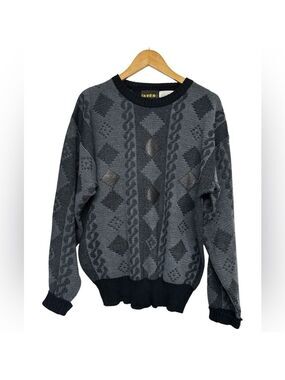 Vintage Nordic Sweater Geometric Knit Black Gray XL